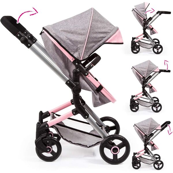 Bayer Design Neo Vario : poussette de poupée réglable, pliable et accessoirisée rose/gris