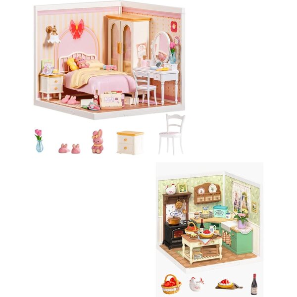 Kit Casa in Miniatura DIY Rolife - Camera Rosa e Cucina Rustica da Montare Senza Colla