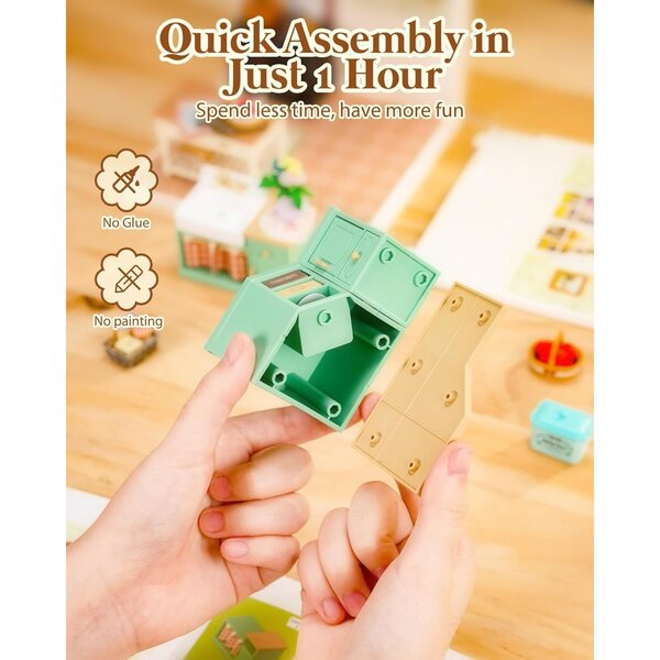 Kit Casa in Miniatura DIY Rolife - Camera Rosa e Cucina Rustica da Montare Senza Colla
