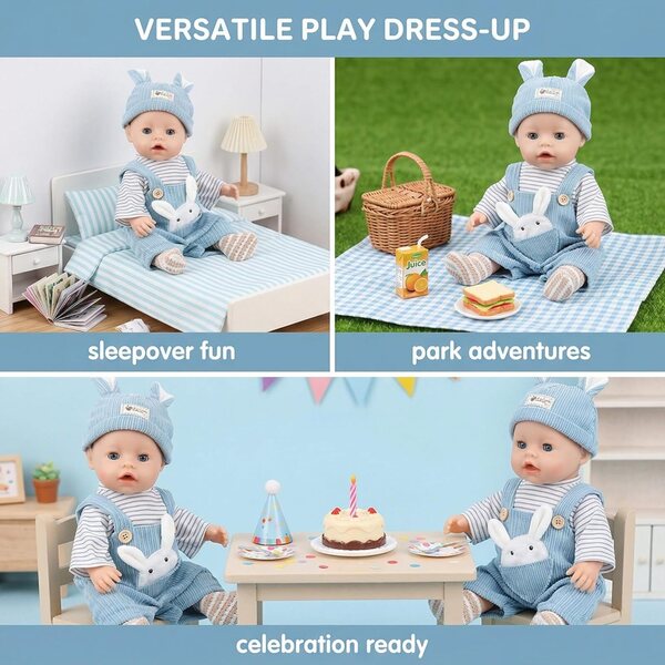 GXGM Set Vestiti Bambola 43 cm Blu con Cappello e Accessori Moda Bambini