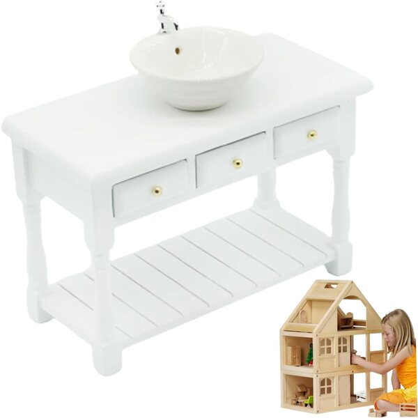 Muebles de muñecas Muebles de casa, 1:12 Fregadero de baño de casa de muñecas Redonda con Mesa de Lavado, Muebles de Lavabo de baño para decoración de la casa de muñecas, Accesorios de la casa de muñ