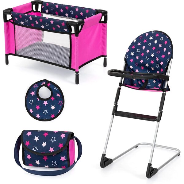 Bayer Design 63216AB Trona para muñecas, Cama para muñecos, Bolsa, Peto, Accesorios para muñecas, Set de Juego