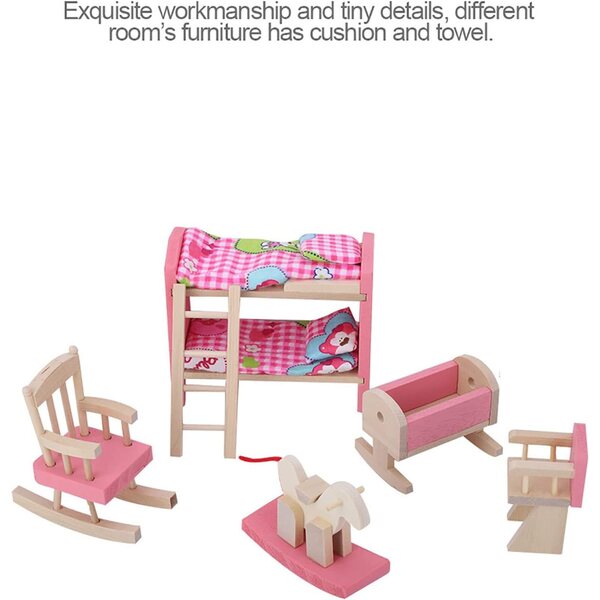 Set Mobili per Casa delle Bambole Scala 1:12 in Legno con 6 Stanze Dettagliate