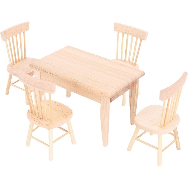 Sedie e Tavolo Miniatura in Legno di Quercia per Casa delle Bambole - Set 4 Sedie + 1 Tavolo