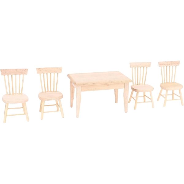 Sedie e Tavolo Miniatura in Legno di Quercia per Casa delle Bambole - Set 4 Sedie + 1 Tavolo