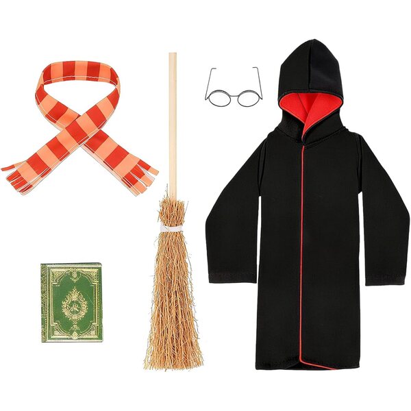Lezevn 5 piezas de disfraz de muñeca de Navidad, bata de mago, gafas, escoba, bufanda, libro, disfraz de mago para muñecas (muñeca no incluida)