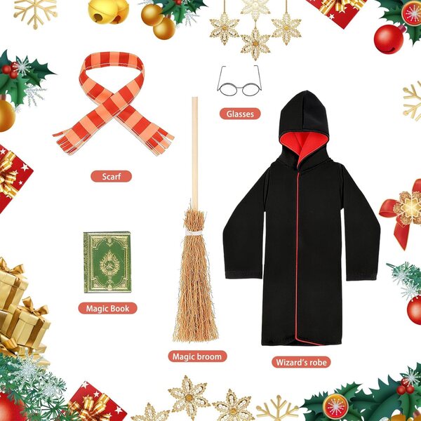 Lezevn 5 piezas de disfraz de muñeca de Navidad, bata de mago, gafas, escoba, bufanda, libro, disfraz de mago para muñecas (muñeca no incluida)