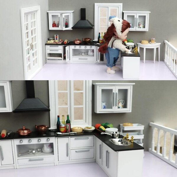 DAN&DRE Set Cucina Mini Casa delle Bambole 7 Pezzi in Legno Scala 1:12 Stile Moderno