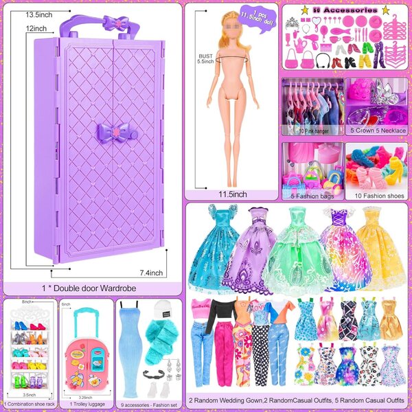 106-teiliges Ebuddy-Modeset für 11,5-Zoll-Puppen mit Garderobe und Accessoires