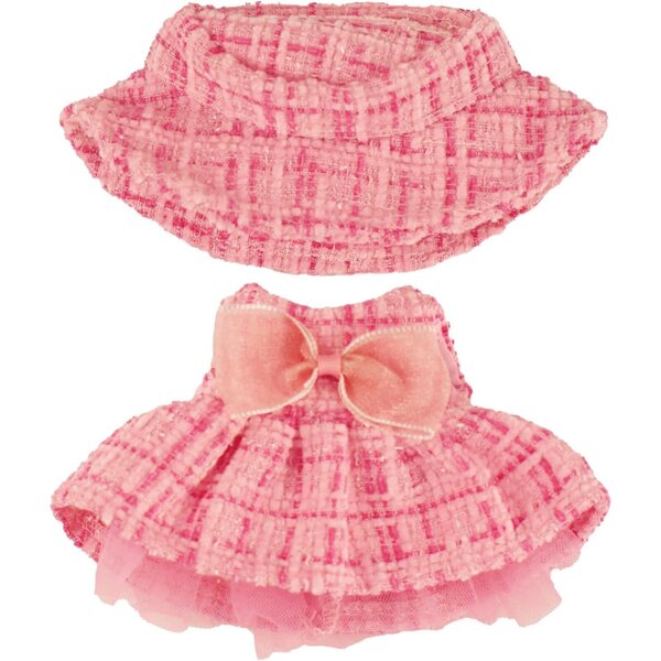Heless Monster Styles 7514 Roze Bouclé Jurk en Muts met Kawaii Ruitjesprint 15 cm
