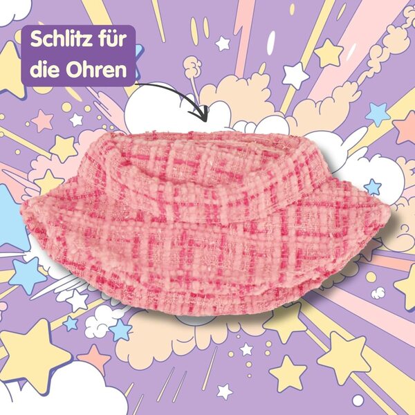Heless Monster Styles 7514 Roze Bouclé Jurk en Muts met Kawaii Ruitjesprint 15 cm
