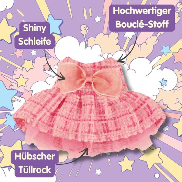 Heless Monster Styles 7514 Roze Bouclé Jurk en Muts met Kawaii Ruitjesprint 15 cm