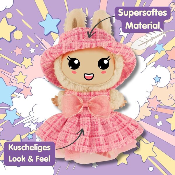 Heless Monster Styles 7514 Roze Bouclé Jurk en Muts met Kawaii Ruitjesprint 15 cm