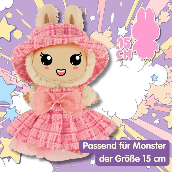 Heless Monster Styles 7514 Roze Bouclé Jurk en Muts met Kawaii Ruitjesprint 15 cm