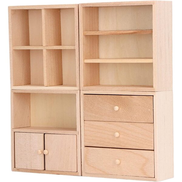 HEEPDD Set 4 Armadietti in Legno di Betulla per Casa delle Bambole 1/12 - Design Semplice ed Elegante