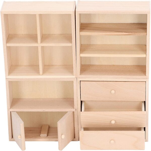 HEEPDD Set 4 Armadietti in Legno di Betulla per Casa delle Bambole 1/12 - Design Semplice ed Elegante