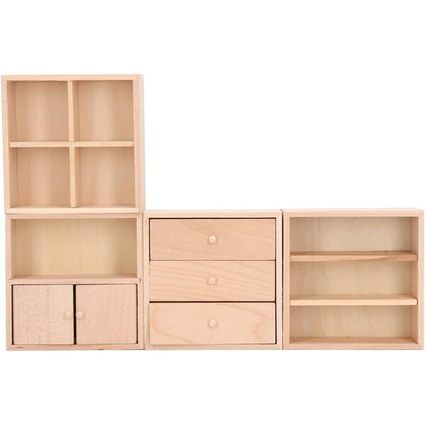 HEEPDD Set 4 Armadietti in Legno di Betulla per Casa delle Bambole 1/12 - Design Semplice ed Elegante