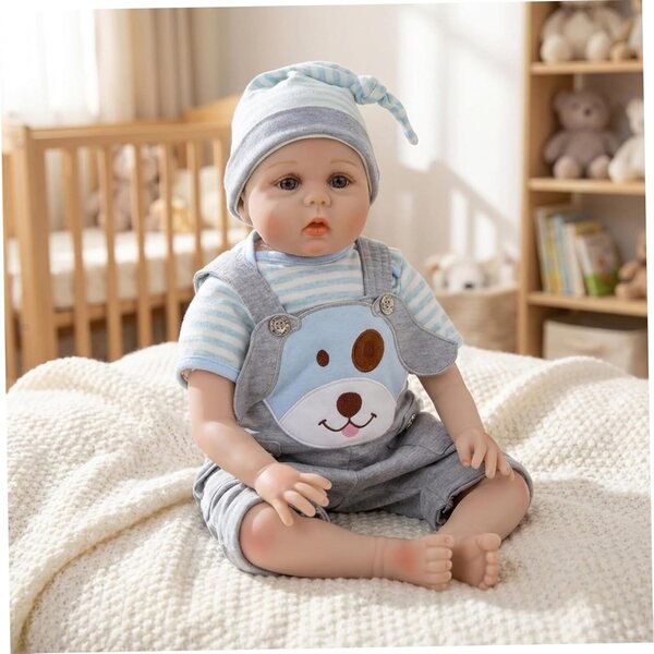 Kledingset voor poppen van 18 inch met lichtblauwe en grijze puppyprint