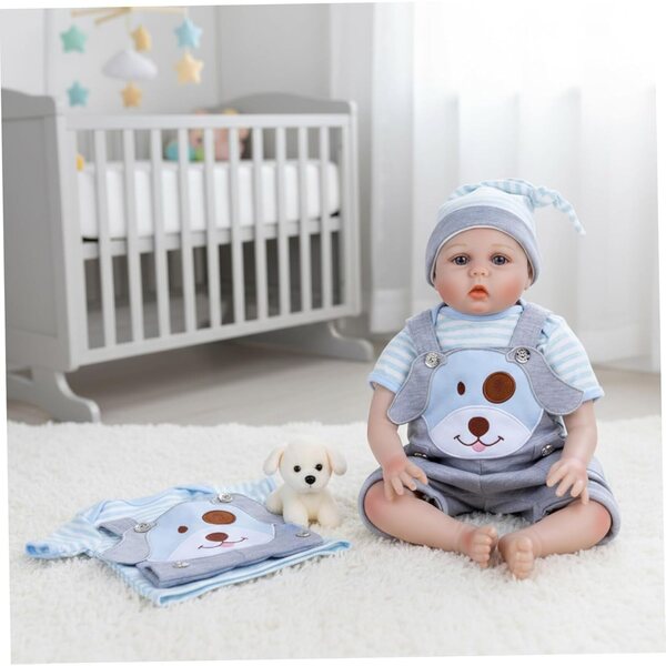 Kledingset voor poppen van 18 inch met lichtblauwe en grijze puppyprint