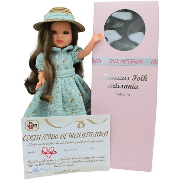FOLK Muñeca Simona 40 cm Artisan Effect mit Kleid und Strohhut
