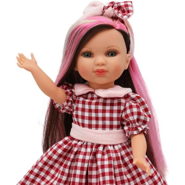 FOLK Muñeca Simona 40 cm mit dreifarbigem Pelzquadratkleid, limitierte Auflage Spanien