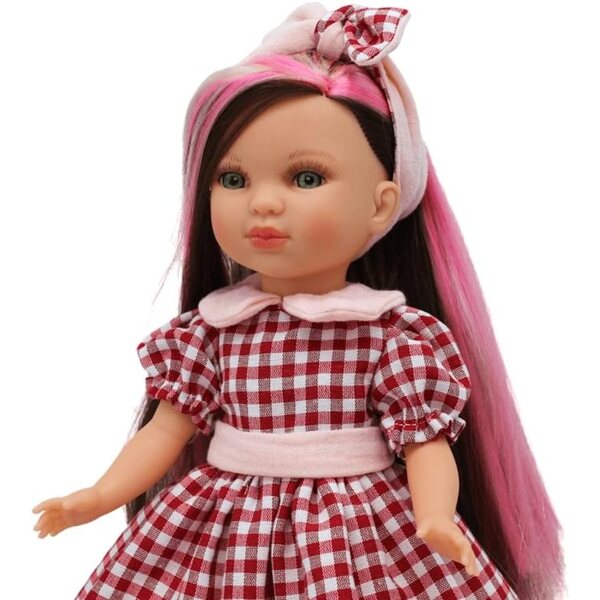 FOLK Muñeca Simona 40 cm mit dreifarbigem Pelzquadratkleid, limitierte Auflage Spanien