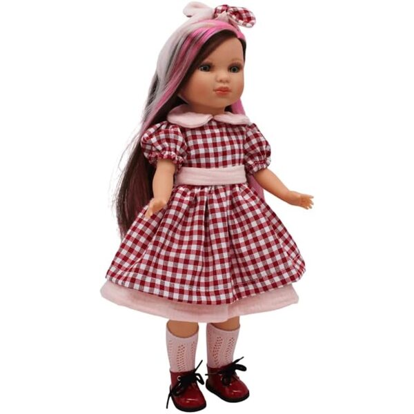 FOLK Muñeca Simona 40 cm mit dreifarbigem Pelzquadratkleid, limitierte Auflage Spanien