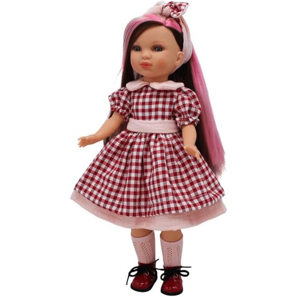FOLK Muñeca Simona 40 cm mit dreifarbigem Pelzquadratkleid, limitierte Auflage Spanien