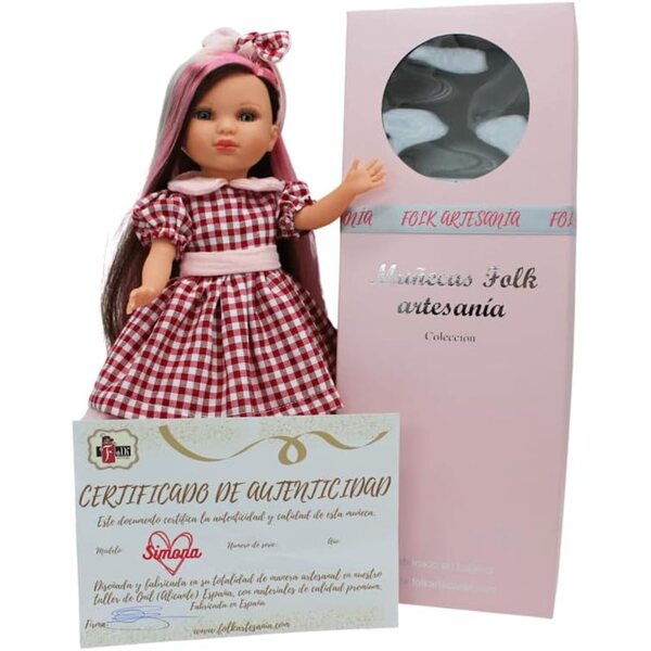 FOLK Muñeca Simona 40 cm mit dreifarbigem Pelzquadratkleid, limitierte Auflage Spanien