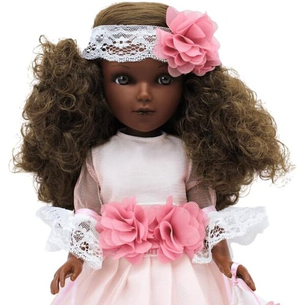 FOLK Muñeca mulata Kommunion Mari's Artesanía 41 cm mit hellem Kleid und Vitrine
