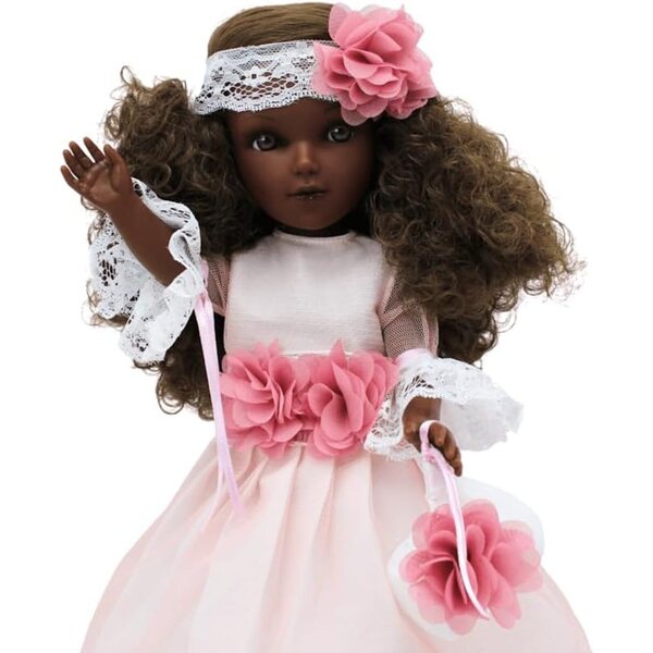 FOLK Muñeca mulata Kommunion Mari's Artesanía 41 cm mit hellem Kleid und Vitrine