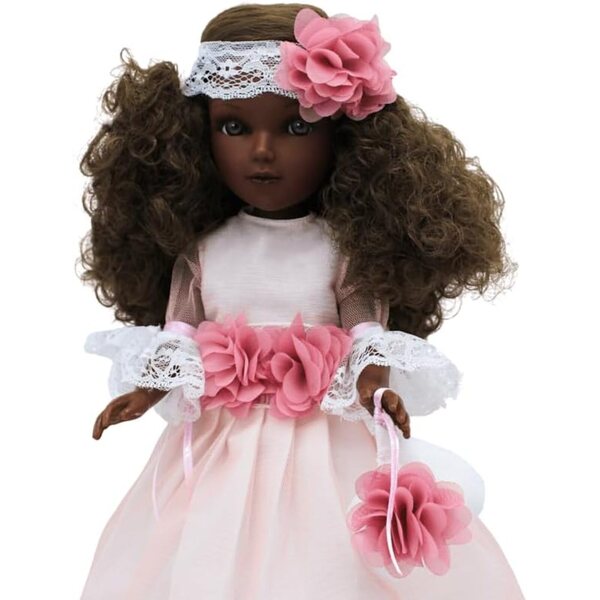 FOLK Muñeca mulata Kommunion Mari's Artesanía 41 cm mit hellem Kleid und Vitrine