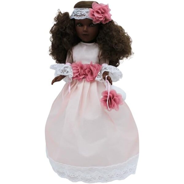 FOLK Muñeca mulata Kommunion Mari's Artesanía 41 cm mit hellem Kleid und Vitrine