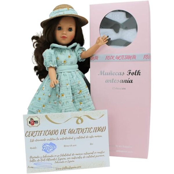 Muñeca Pepa's Original Folk Artesanía 41 cm mit bedrucktem Kleid und Paja Sombrero