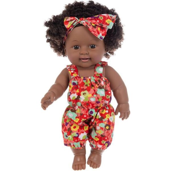 Bewegliche afroamerikanische Babytasche 12" mit lockigem Haar und roter abnehmbarer Kleidung
