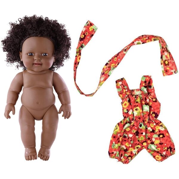 Sac bébé afro-américain articulé 12" avec cheveux bouclés et vêtements amovibles rouges