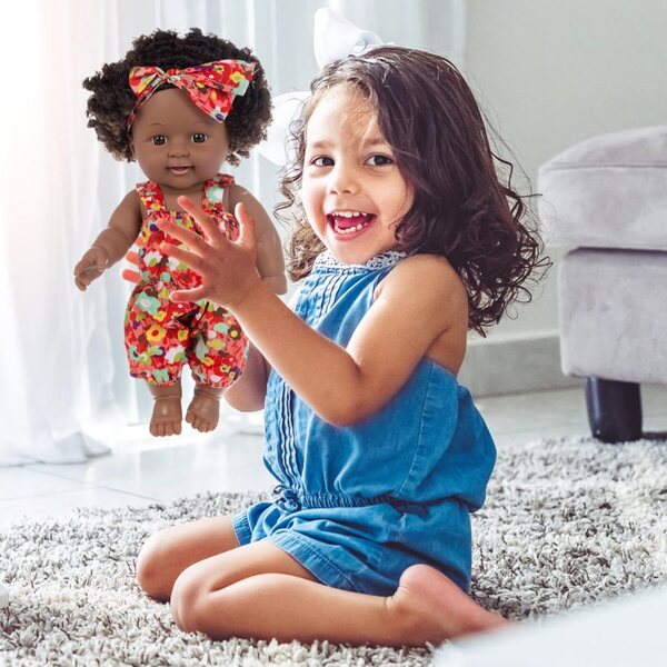 Sac bébé afro-américain articulé 12" avec cheveux bouclés et vêtements amovibles rouges