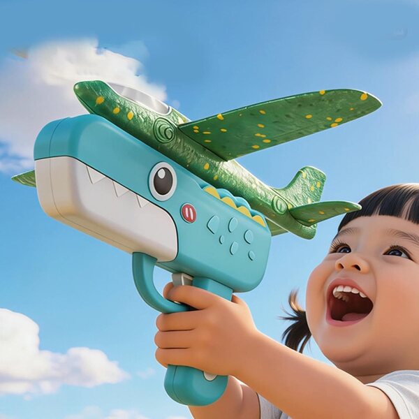 Dinosaurierförmiges Schaumstoff-Spielzeugflugzeug mit Federstart für Kinder