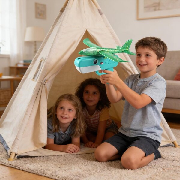 Dinosaurierförmiges Schaumstoff-Spielzeugflugzeug mit Federstart für Kinder