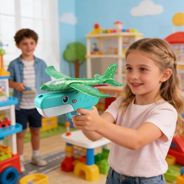 Dinosaurierförmiges Schaumstoff-Spielzeugflugzeug mit Federstart für Kinder