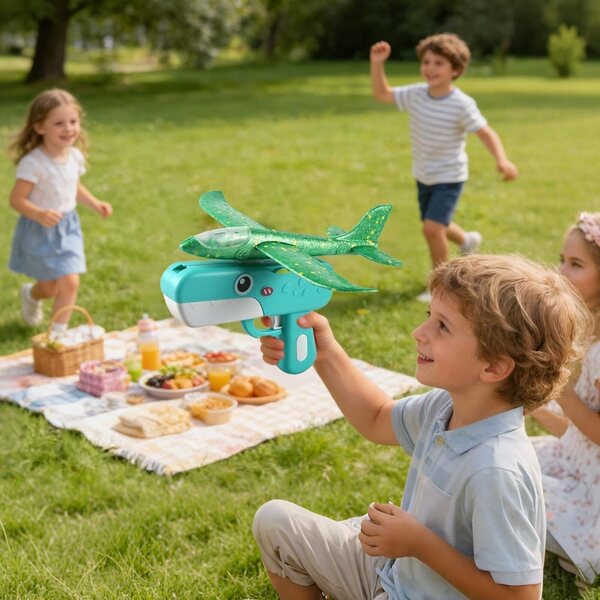 Dinosaurierförmiges Schaumstoff-Spielzeugflugzeug mit Federstart für Kinder