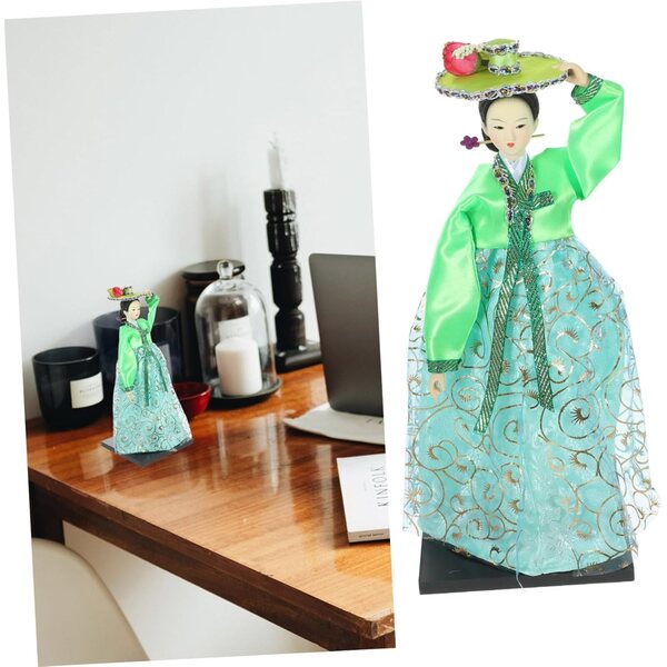 Muñeca en tissu vert Hanbok coréen, décoration traditionnelle pour la maison et le bureau