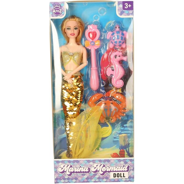 Muñeca Sirena Marina mit Cola de Lentejuelas und Accesorios Marinos Atoz