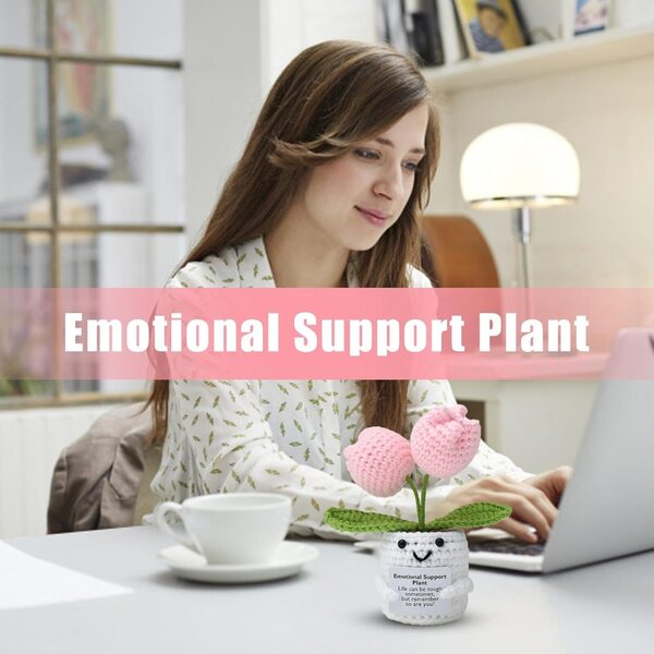XIAOXIAOYU Handgefertigte, gehäkelte Pflanze zur emotionalen Unterstützung mit bunten Blumen