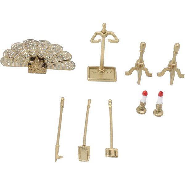 Set Accessori Caminetto Casa delle Bambole in Metallo e Resina con Candeliere e Attrezzi