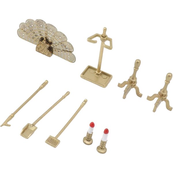 Set Accessori Caminetto Casa delle Bambole in Metallo e Resina con Candeliere e Attrezzi