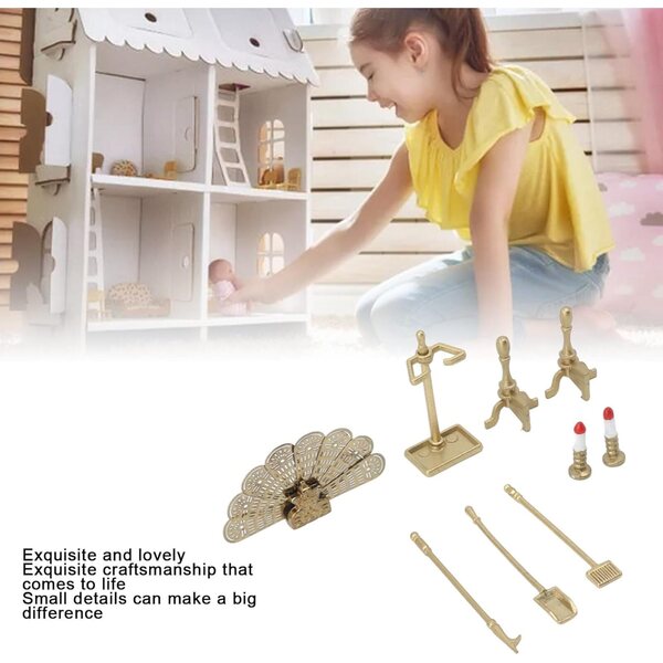 Set Accessori Caminetto Casa delle Bambole in Metallo e Resina con Candeliere e Attrezzi