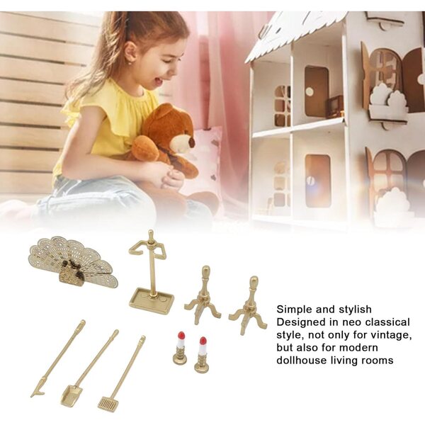 Set Accessori Caminetto Casa delle Bambole in Metallo e Resina con Candeliere e Attrezzi