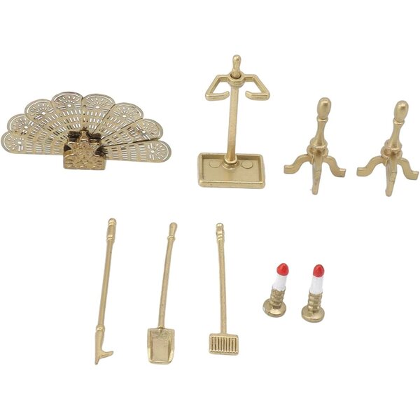 Set Accessori Caminetto Casa delle Bambole in Metallo e Resina con Candeliere e Attrezzi