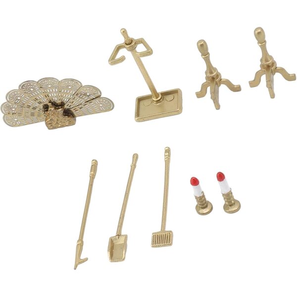 Set Accessori Caminetto Casa delle Bambole in Metallo e Resina con Candeliere e Attrezzi